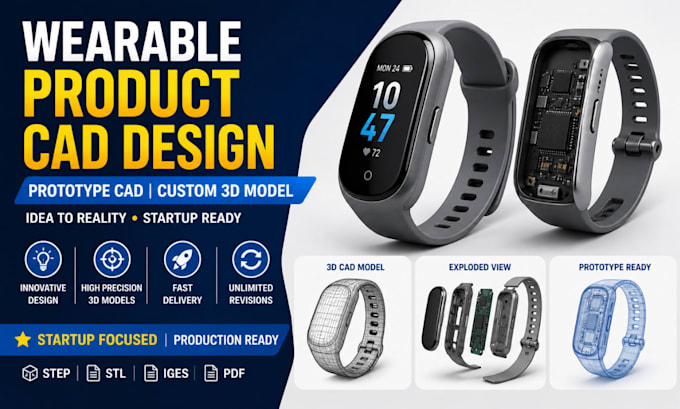 create wearable product cad design, prototype cad, custom 3d model startup