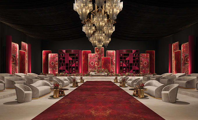 design luxury wedding stage and reception with 3d lighting visualization