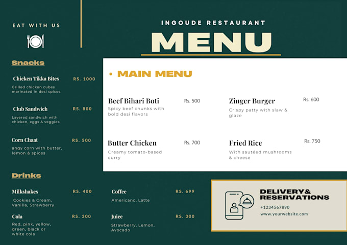 design a modern and premium restaurant menu