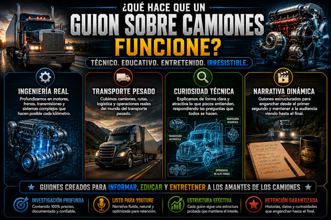 escribiré guiones sobre camiones y transporte pesado para tu canal de youtube