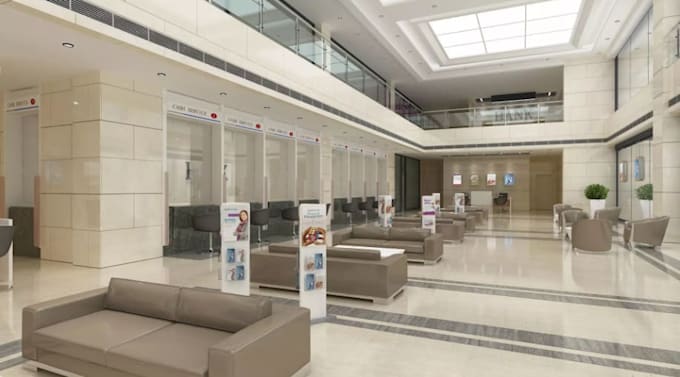 design 3d bank interior, office space, reception area, bank lobby, 3d rendering