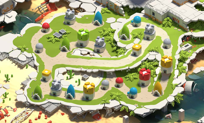 create 3d game map, 3d low poly game assets, game environment in low poly style
