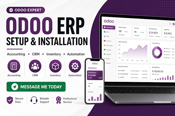 set up odoo erp, accounting, CRM and inventory modules