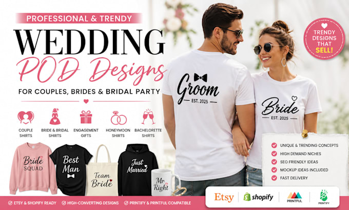 create wedding print on demand designs couples brides etsy shopify custom merch
