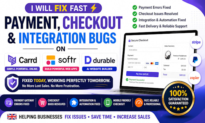 fix payment checkout and integration bugs on carrd softr duda durable website