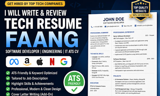 write review tech resume faang software developer engineering resume, IT ats cv
