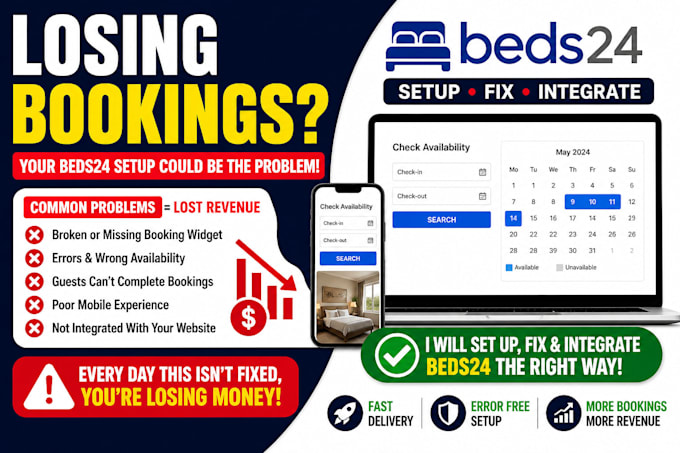 setup beds24, beds24 booking widget, fix beds24 issues, integrate with website