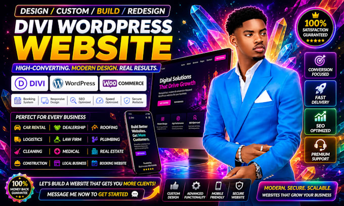 build custom divi wordpress car real estate construction website design redesign