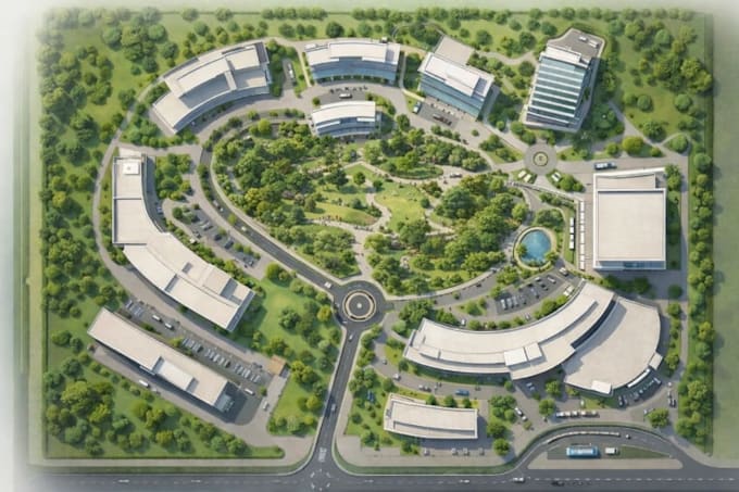 render conceptual siteplan,modern urban commercial space,building complex layout