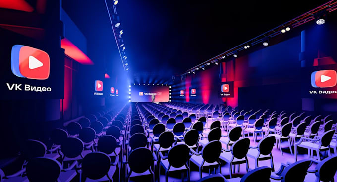 renew 3d event hall,conference setup,neon lighting stage,event auditorium render