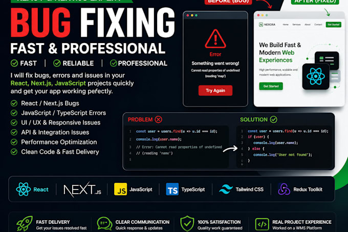 fix bugs in react, next js, javascript and frontend issues fast