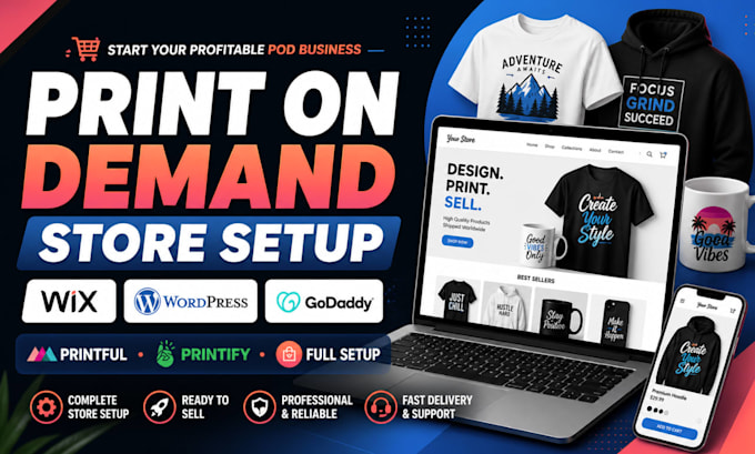 setup print on demand store wordpress godaddy wix using printful or printify