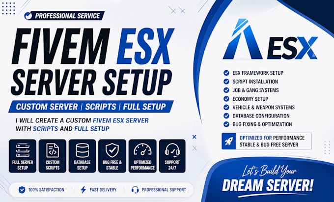 create a custom fivem esx server with scripts and full setup