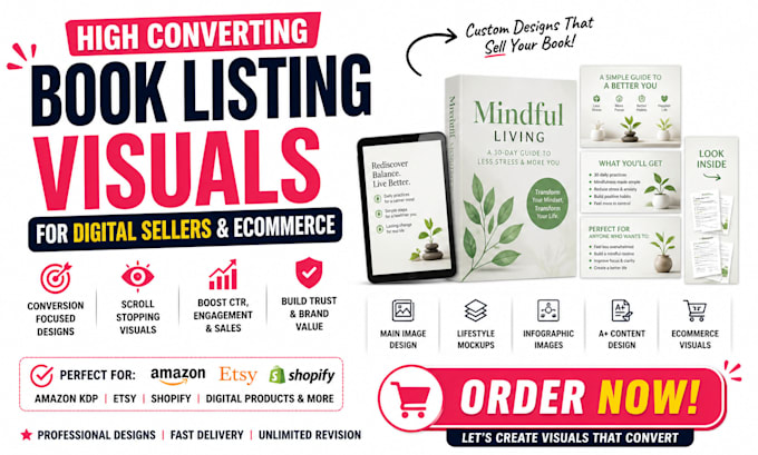 design high converting book listing visuals for digital sellers and ecommerce