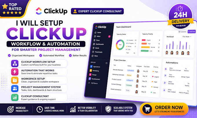 setup clickup workflow, automation clickup consultant for project management