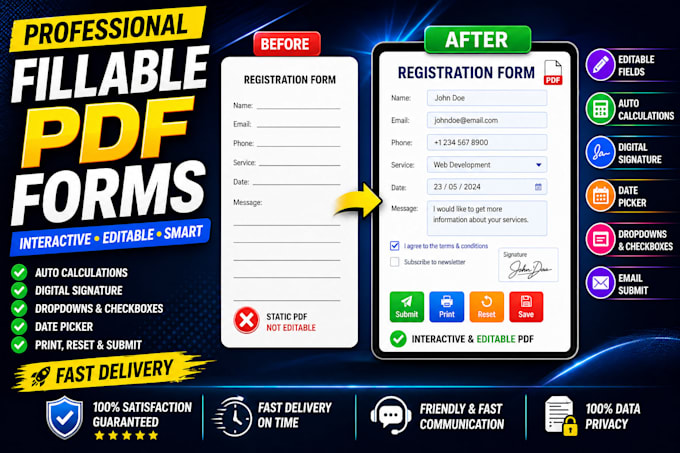 create interactive fillable PDF forms, auto calculations, digital signature