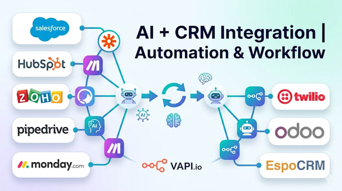 integrate zapier make with twillo, vapi, hubspot zoho pipedrive crm, salesforce