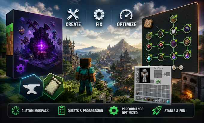 create fix and optimize custom minecraft modpack with quests for forge or fabric