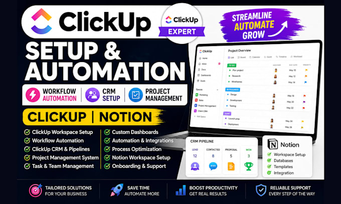 setup clickup workflow automation clickup project management clickup crm notion