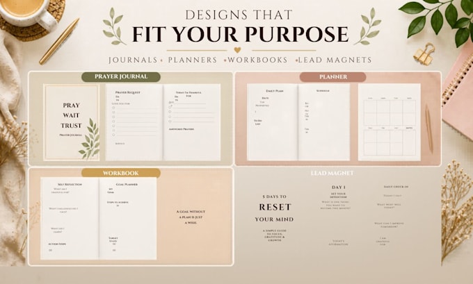 design journals, planners, workbooks and printable pdfs