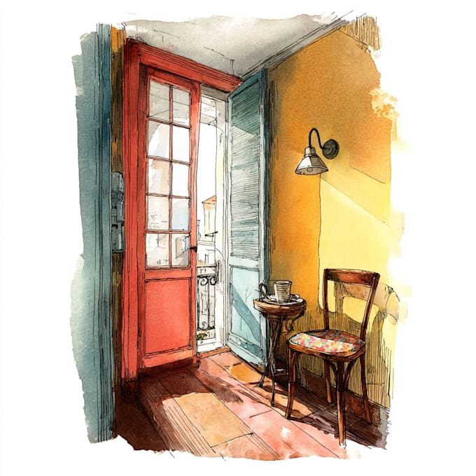 create interior illustration with watercolour style handmade