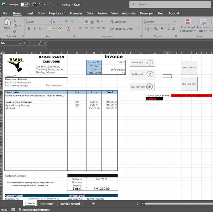 design a smart automated invoice generator in excel