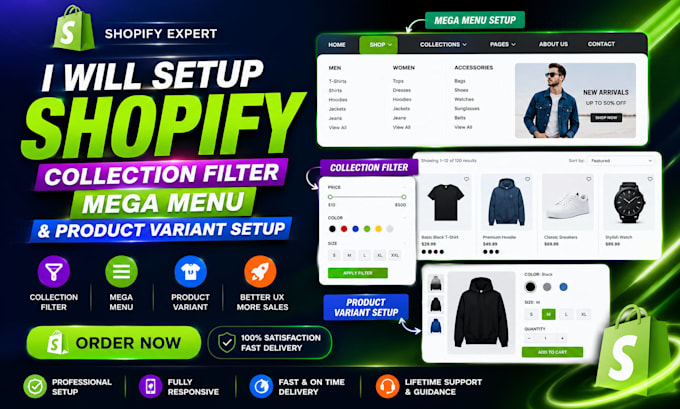 setup shopify collection filter mega menu and product variant setup