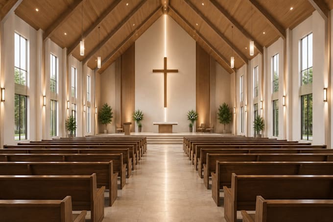 design church interior exterior with 3d modeling animation