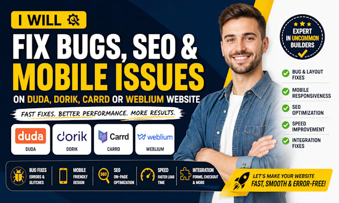 fix bugs SEO mobile issues on duda dorik carrd or weblium website builder