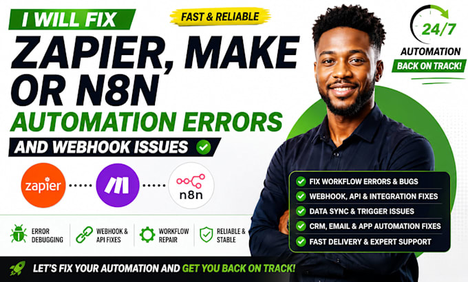 fix zapier, make com or n8n automation errors, bugs and webhook issues in 24 hrs