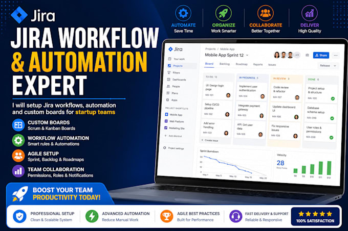 setup jira workflows automation and custom boards  for setup