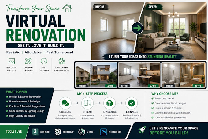 do virtual renovation, virtual staging, and interior exterior redesign for home