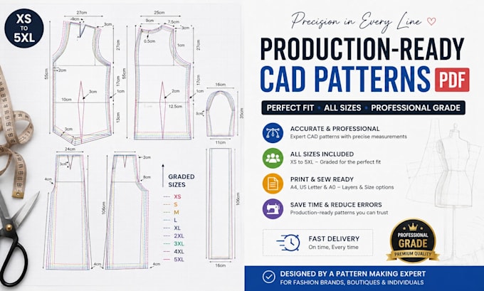 create a cad tech sewing pattern for garments with a grading PDF for production