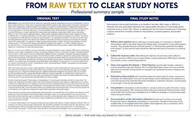 summarize texts, transcripts and create clear study notes