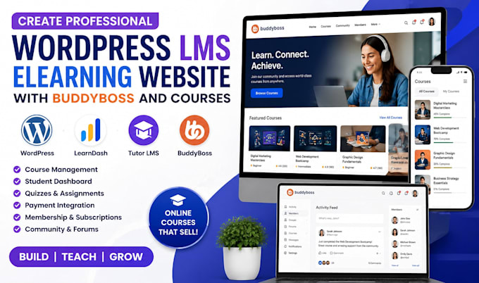 create wordpress lms elearning website with buddyboss and courses