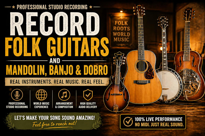 record professional banjo rock n roll, country, blues, acoustic guitar, ukulele