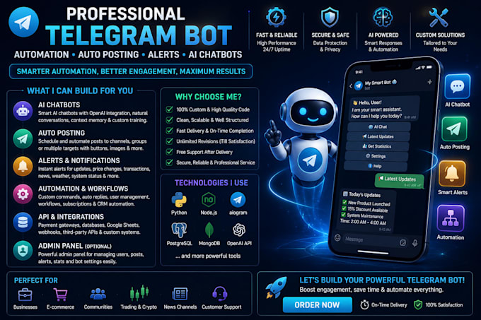 create telegram bot for automation, auto posting, alerts, ai chatbots