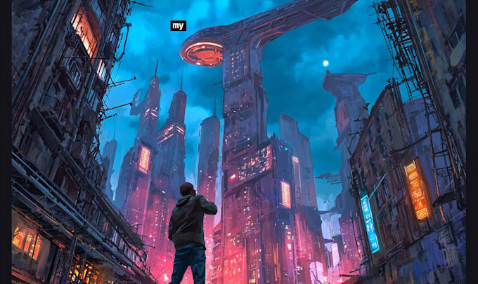 do a cyberpunk futuristic city and background