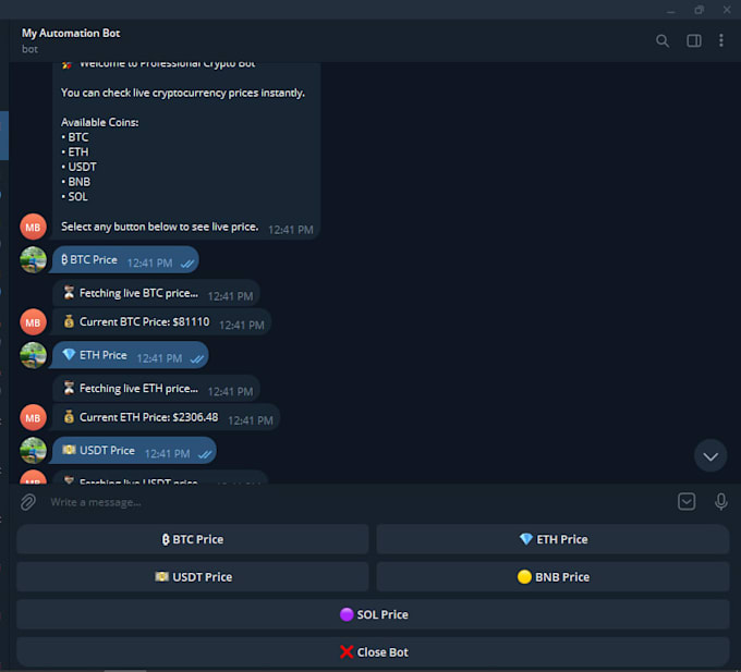 develop a custom telegram bot for automation using python