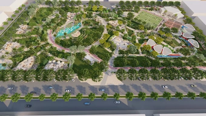create modern recreational space, urban park development, public space rendering