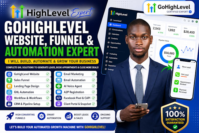 build gohighlevel website, sales funnel, workflow automation CRM setup