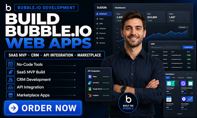 build bubble io web app saas mvp CRM api integration marketplace no code tool