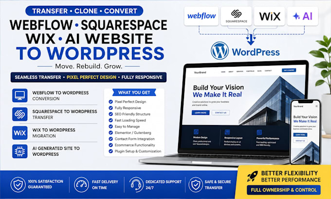 webflow squarespace wix ai website to wordpress transfer clone conversion expert