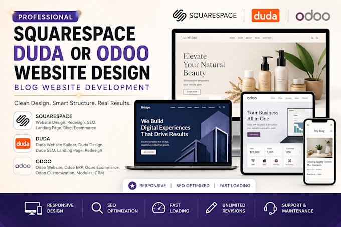 build squarespace website design, duda or odoo website blog website development