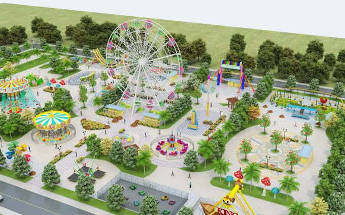create 3d amusement park masterplan,theme park design,children playground render