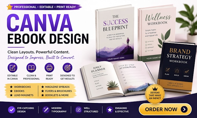 design editable canva workbook, magazines spread, booklet, flyer, brochures