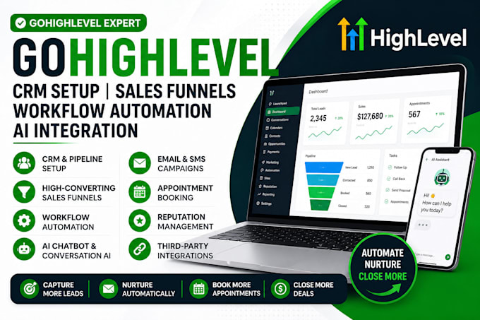 setup gohighlevel CRM, workflows, funnels and automations