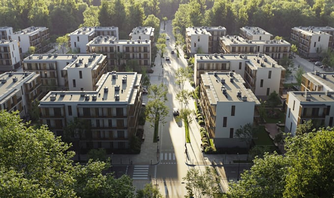 cgi render for community housing,3d estate masterplan,playground,exterior design