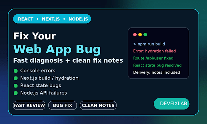 fix react nextjs nodejs bugs and API errors