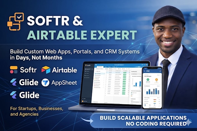 build your softr app, airtable database, glide or no code web app